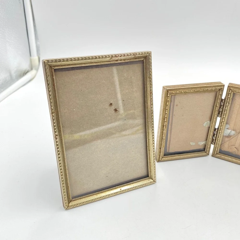 Vintage Gold Metal Picture Frame Set Embossed Diamond 3 Piece Lot Mid Century